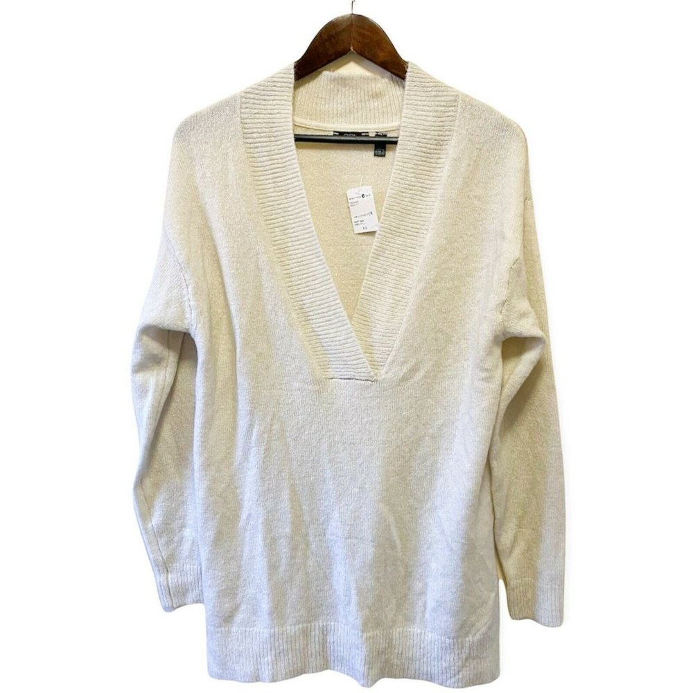 RDI Womens Sz XS V-Neck Long Sleeve Oversized Uneven Tunic Sweater Pearl Essence